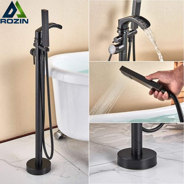 

black bronze waterfall bathtub faucet single handle tanding tub mixer tap floor mounted bath shower set with handshower