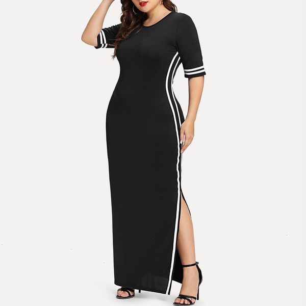 

women designer dresses womens clothes stripe split front summer floor length dress plus size maxi dress bodycon party wear dress, Black;gray