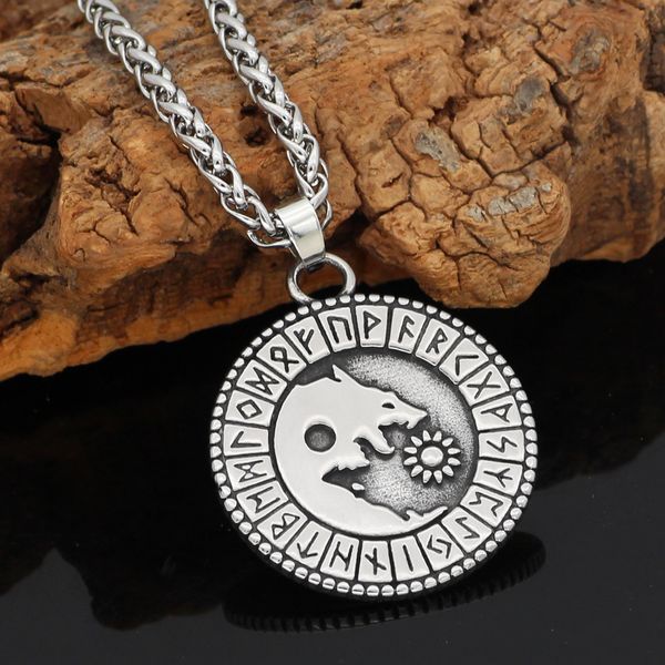 

nordic viking wolf geri and freki rune amulet stainless steel pendant necklace with valknut rune gift bag, Silver