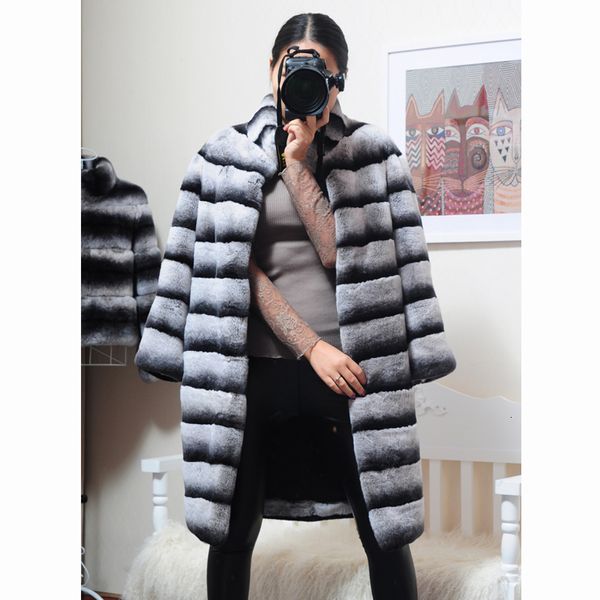 

2019 luxury witner jacket women real fur coat natural rex rabbit fur outerwear striped thick warm stand collar streetwear sh190922, Black