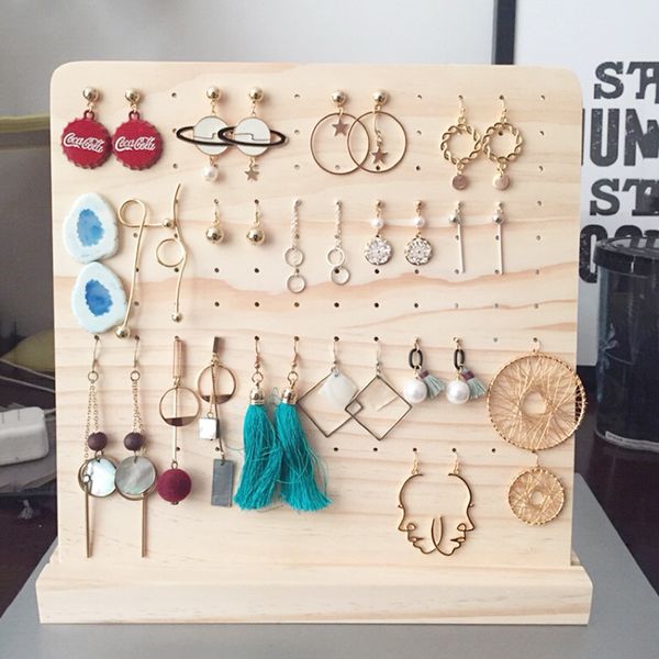 

detachable wood jewelry display hanging stand holder rack for stud earrings dangle earrings stand - 60 holes solid bamboo wood, Pink;blue