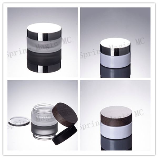 

30g pearl white/frosted glass cream bottle with bright silver/wood grain cover for eye cream/moisturizing/essential glass jars