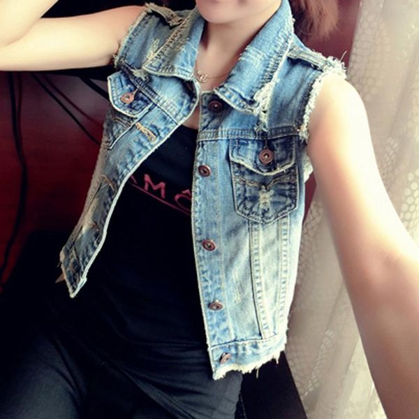 

plus size women jean vest winter spring cowboy sleeveless pockets overcoat denim jackets women outwear female waistcoat, Black;white