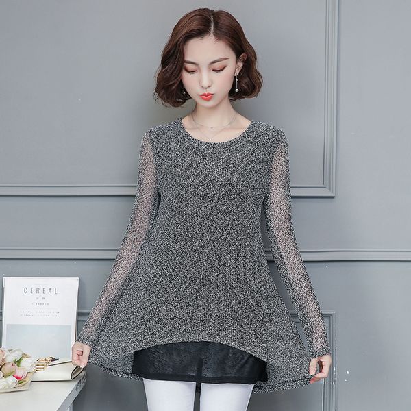 

2017 autumn new fashion round neck long sleeve cotton shirts women casual transparent long sleeve solid color 910gc, White