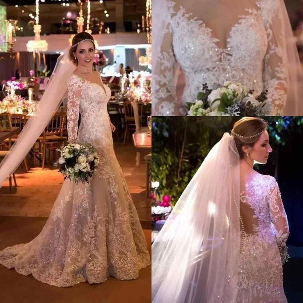 

2020 lace a line wedding dresses bridal gowns long sleeves sheer tulle floor length country plus size wedding gowns, White