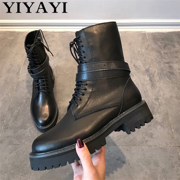 

platform cow leather cross lace-up boots women autumn winter shoes women mid calf side zipper belt punk gothic boots black botas