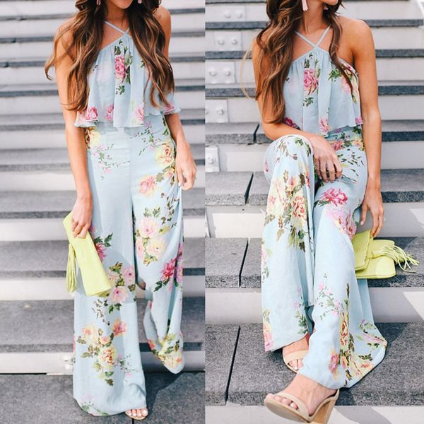 

summer women chiffon strap floral sleeveless backless long wide leg trousers bohemian floral printed jumpsuit, Black;white