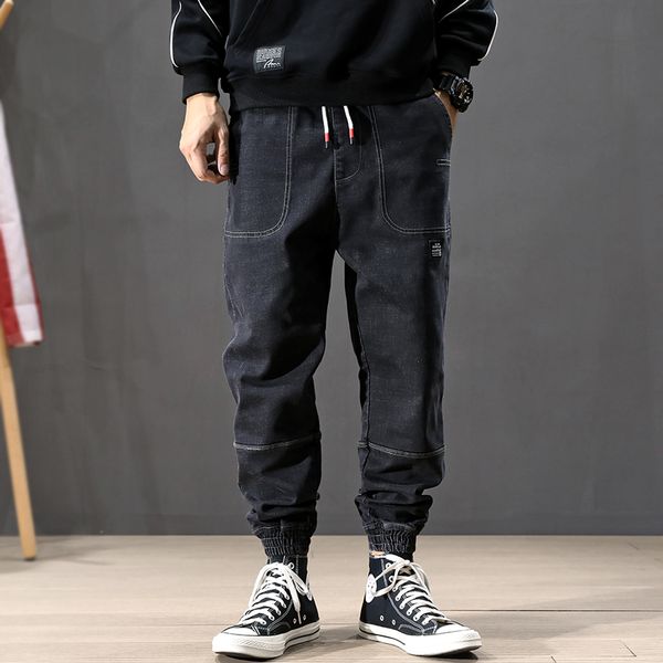 

модные мужские джинсы уличных срощенные дизайнерские сыпучих fit эластичного гарем jeans men штаны японский стиль хип-хоп joggers, Blue