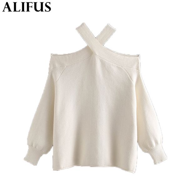 

модные женские свитера 2019 sexy креста шеи плеча фонариков рукавом сыпучие вязание пуловер короткий свитер jumper tops, White;black