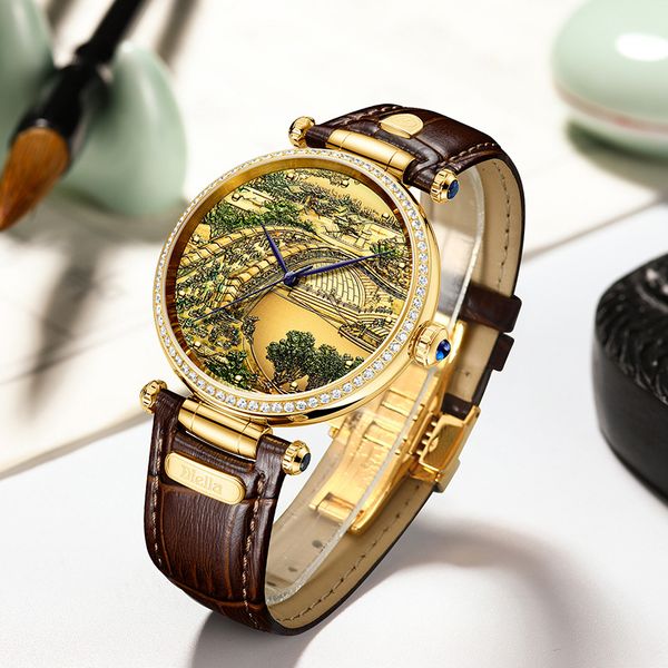 

diella jade emerald automatic mechanical watch qing ming shang he map waterproof leather watch, Slivery;brown