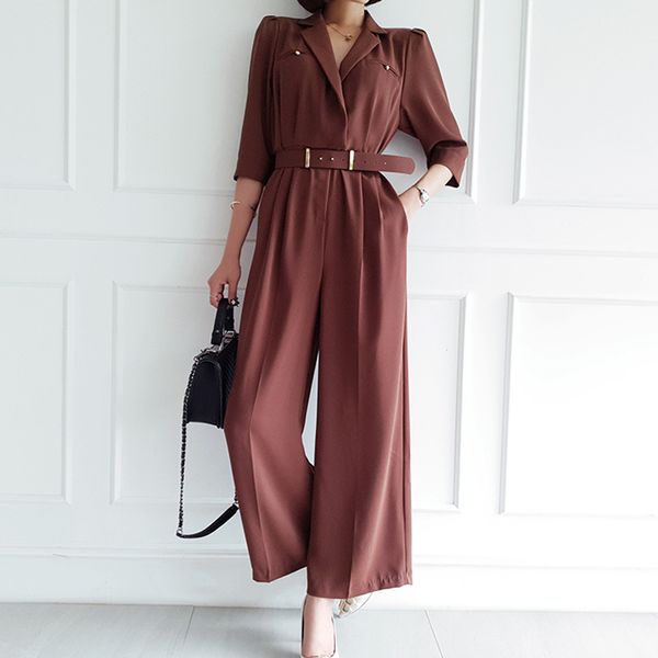 

office lady elegant wide leg jumpsuits women autumn rompers belted waist playsuits long pants overalls, Black;white