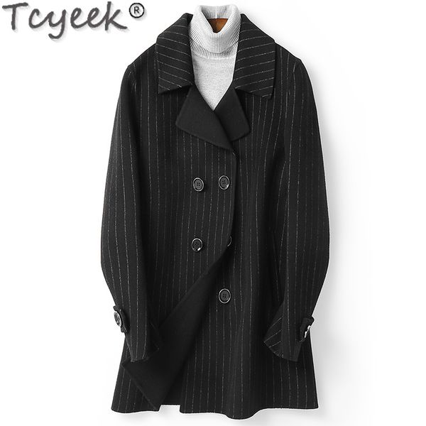 

2020 new wool coat men double breasted long wool jacket striped korean mens coats abrigo hombre d-04-1959a-2 kj3014, Black