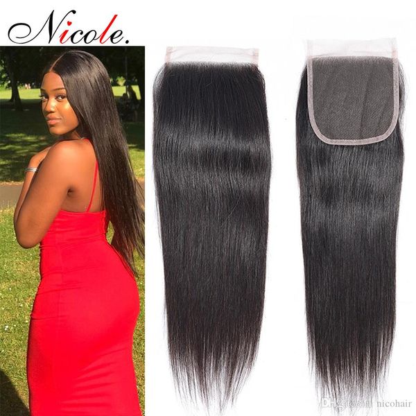 

николь малазийский natural color straight 100% человеческих волос шнурка закрытие свободный / средний / три часть 4 * 4 кружева закрытие шве, Black