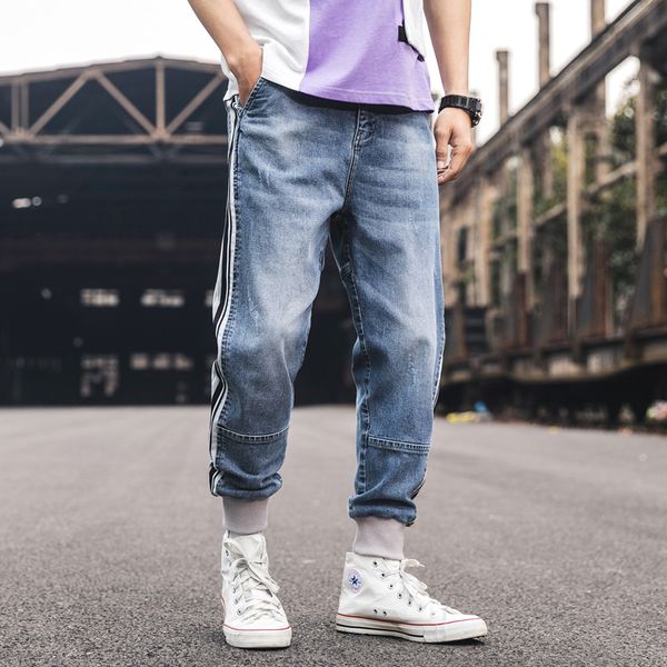 

japanese streetwear mens jeans side stripe hip hop jeans baggy joggers for men harem denim blue denim pants