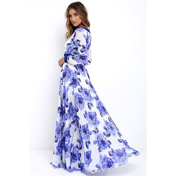 

fashion autumn women ladies long sleeve maxi dress casual deep v-neck floral printed slim elegant long maxi dress, Black;gray