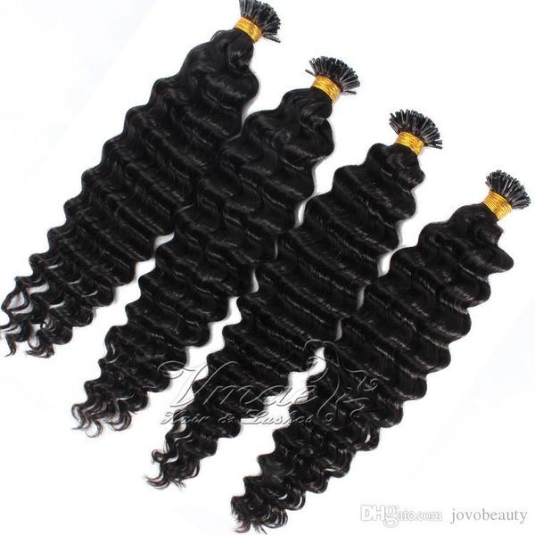 

vmae indian virgin human hair 100g 12 to 26 inch double drawn keratin pre bonded stick i tip deep wave hair extensions, Black