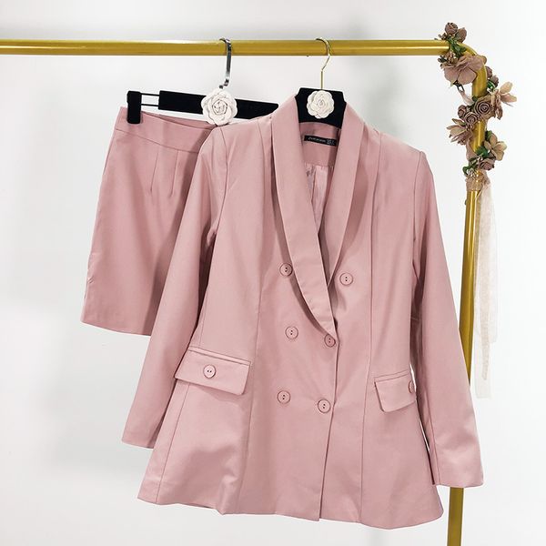 

2019 new fashion pink blazer + high waist skirt two-piece suit women, White;black