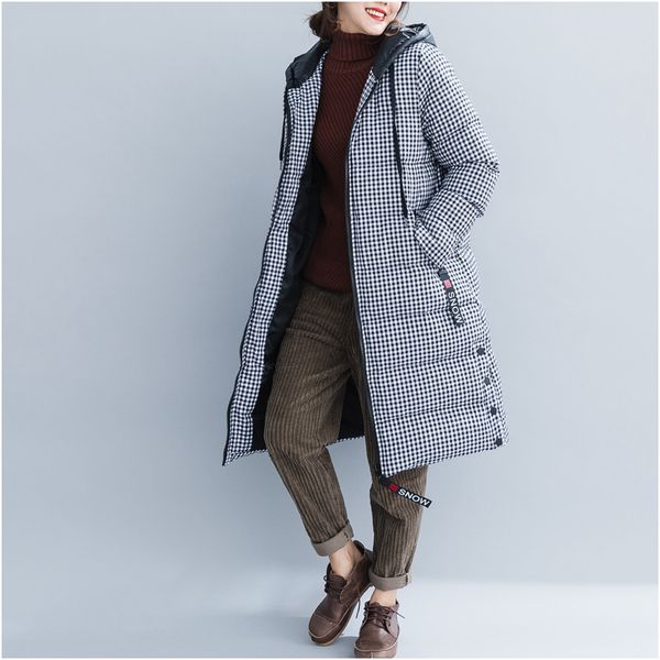 

woman clothes winter parka plaid hooded women plus size long parka zip thick casual warm coat femme, Black