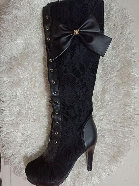 

ladies lace up bandage long motorcycle boots shoes riding party boots plus size 34-43 women lace bow knot high heels shoes, Black