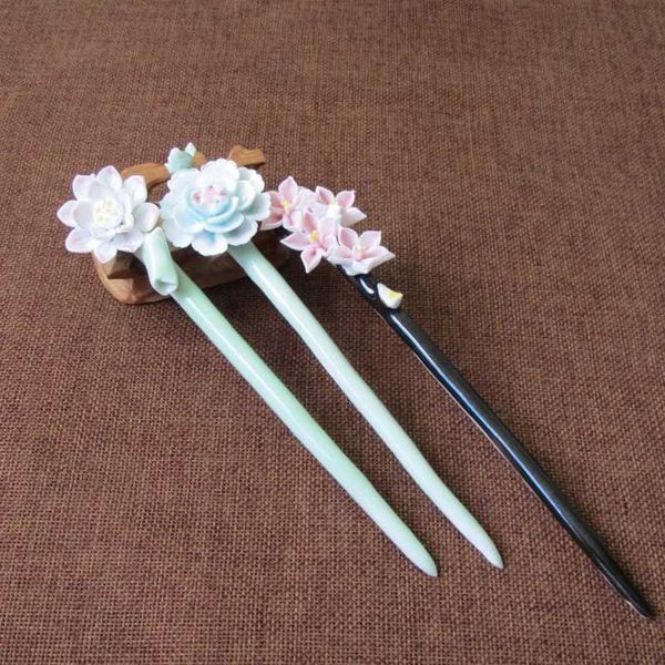 

1pc handmade ceramic flower simple handmade vintage women hair stick jewelry chinese style hairpin gift hair jewelry accessories, Golden;white