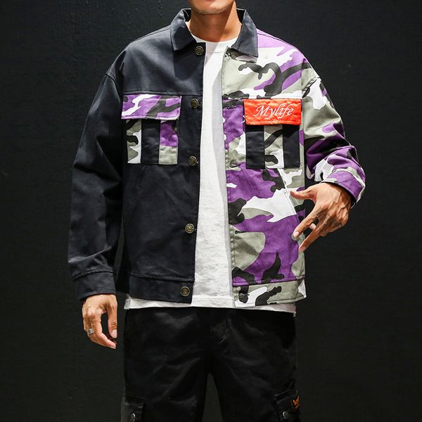 

new cargo jacket men hip hop streetwear jacket coat camouflage coat casual fashion loose patchwork chaquetas hombre m-5xl, Black;brown