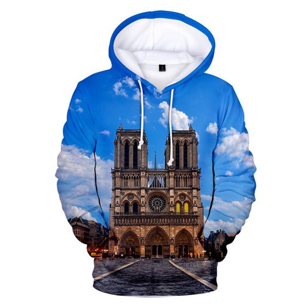 

notre dame de paris mens hoodies 3d printed mens o-neck loose sweatshirts women causal clothes, Black