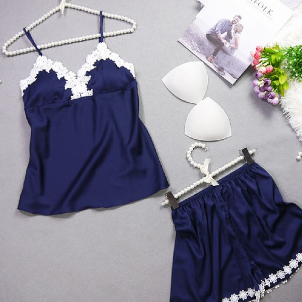

sleepwear summer women pyjamas satin pijama two piece pajama set 2019 silk pyjamas home suit lace home clothes for women, Blue;gray