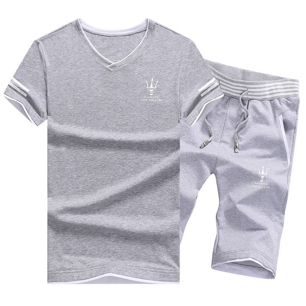 

tracksuit men -5xl summer new men's sets t shirts+shorts two pieces sets casual tracksuit male v-neck solid sportswear, Gray
