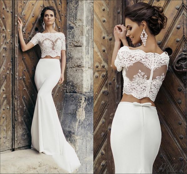 

two piece mermaid wedding dresses naviblue sheer bateau neck short sleeves lace appliques bodice bow sheath bridal gowns with train md0018, White