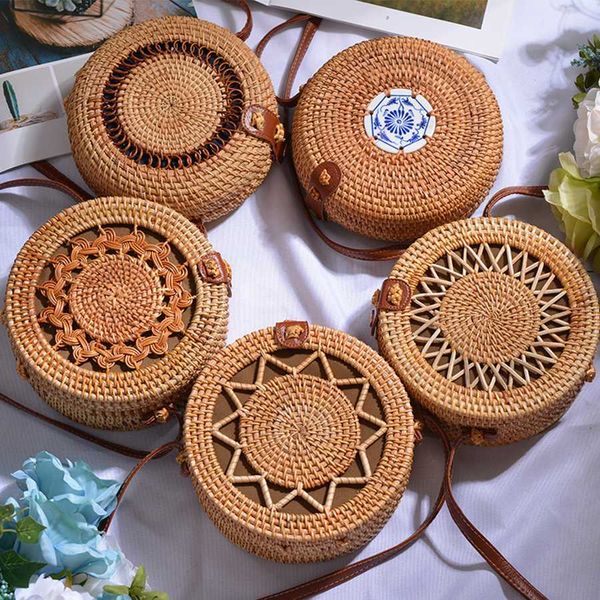 

hollow out round straw bag women's shoulder bags hand-woven circular crossbody bags for women bohemian handmade rattan beach bag