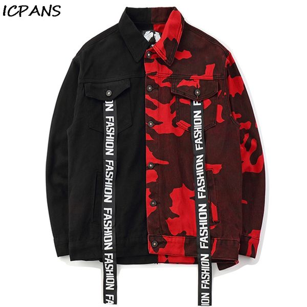 

icpans camouflage denim jacket men loose 2019 autumn winter outwear mens streetwear pacthwork hip hop male camo jackets, Black;brown