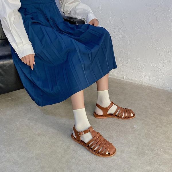 

net red wild woven retro roman sandals 2020 summer new casual flat bottom korean version of wild ins tide women's shoes, Black