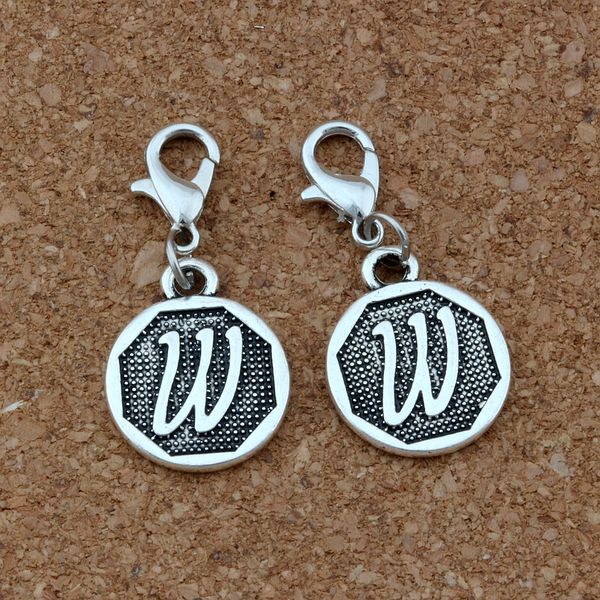 

50Pcs Double sided Initial Alphabet Disc " w " Charms with Lobster clasp Fit Charm Bracelet DIY Jewelry Antique silver A-407b