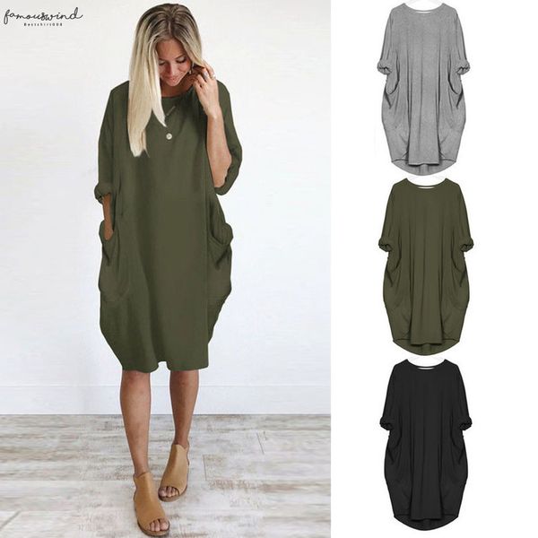 

plus size boho dress women ladies casual dress pocket loose round neck mini female dress dresses verano *n, Black;gray
