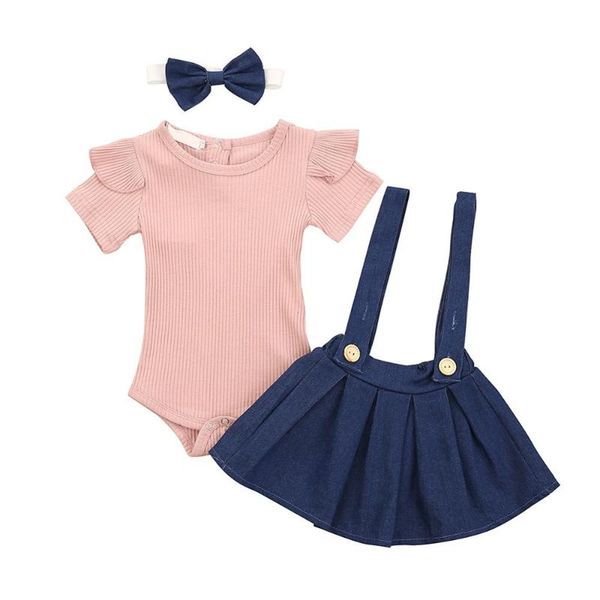 

toddler girls 3pcs short sleeve jumpsuit + blue suspender skirt set, White