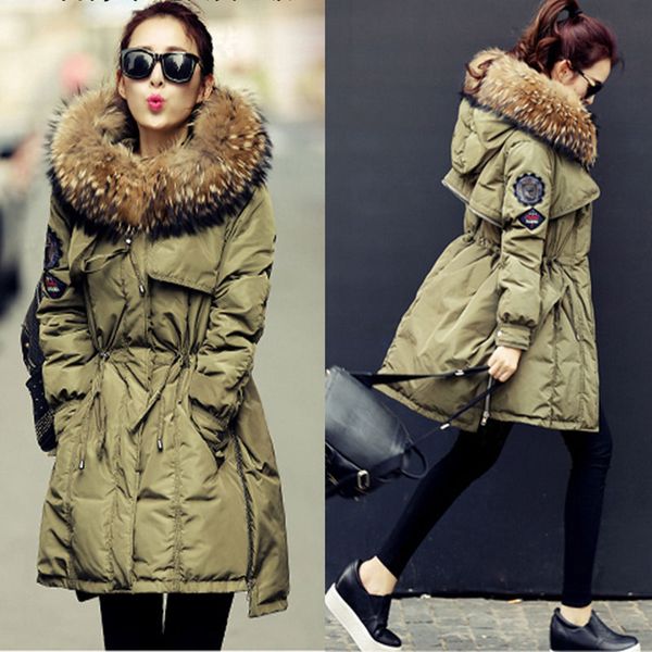 

2017 new arrival winter down coat thick outwear warm female jacket overcoat 100% real raccoon fur trim hood clothing, Black