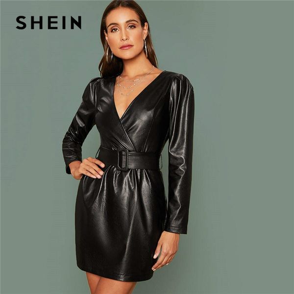 

shein glamorous black surplice wrap belted pu leather dress women fall winter long sleeve high waist fitted pencil short dresses, Black;gray