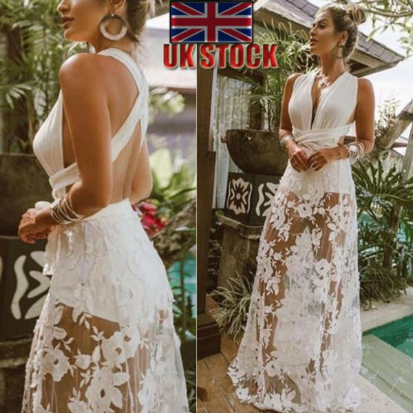 

2019 white lace dress women halter long maxi dress wedding evening party formal summer lady party sundress, Black;gray