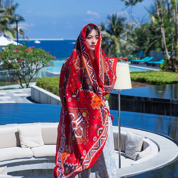 

women summer seaside printed beach towel sunscreen shawl scarf travel ethnic style cotton and linen long section cloak, Black