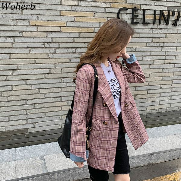 

woherb plus size korean plaid blazer jacket with pocket office lady casual vintage blazers women wear 2019 autumn thin outwear, White;black
