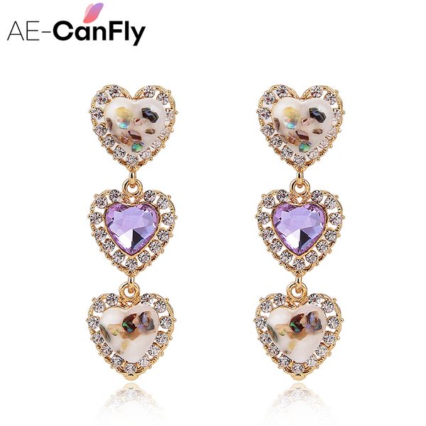 

ae-canfly korean crystal heart shaped pendant drop earrings long joker dangle pendientes mujer moda ear jewelry, Golden