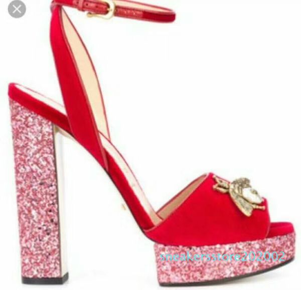 

new arrival 2019 designer little bees glitter high platform heels shoes strap sheepskin ladies sandals s02, Black