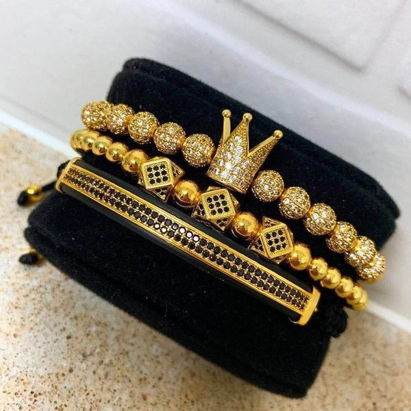 

fashion men royal crown bracelets set luxury silver gold 3pcs/set cz ball braided charm bracelet&bangle for men jewelry, Golden;silver