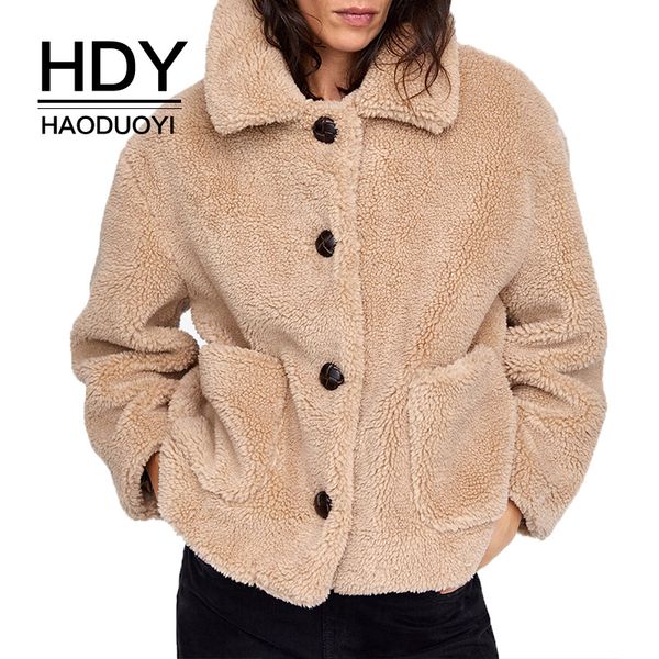 

hdy haoduoyi lapel single-breasted double patch pocket autumn and winter thick imitation fur sweet girl jacket, Black;brown
