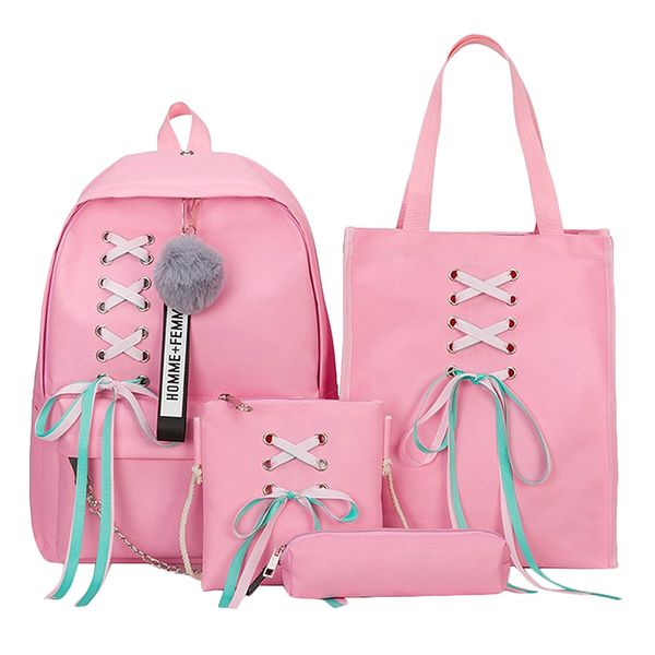 

4pcs/set ribbon chain bowknot letter canvas backpack travel rucksacks leisure backpacks for teenage girls school bagpack