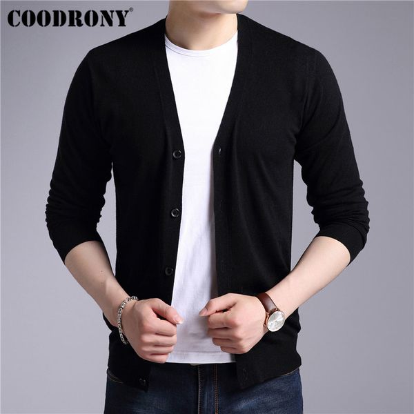 

coodrony mens sweaters cashmere cotton sweater men pure color knitwear cardigans classic casual v-neck woolen cardigan men 91008, White;black