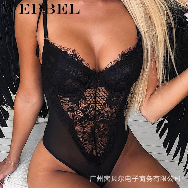 

wepbel lace jumpsuit women fashion night club wear overalls romper sleeveless hollow out v neck solid color playsuits, Black;white