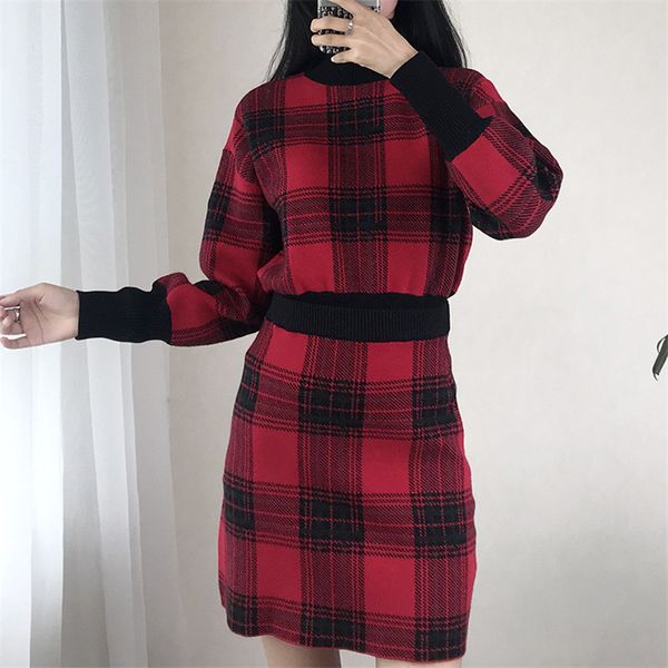 

plaid print womens designer 2pcs dresses fashion vintage panelled long sleeve short skirt womens 2pcs sweater dresses females clothing, White