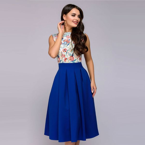 

women floral print sleeveless middle dress vintage fit and flare eleparty dress 2018 summer new fashion o-neck dresses, White;black