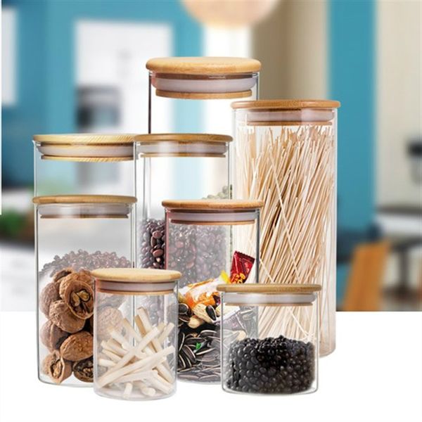 

kitchen storage container glass seal pot cylinder storage bottle with wooden cover canister dried fruit candy jar